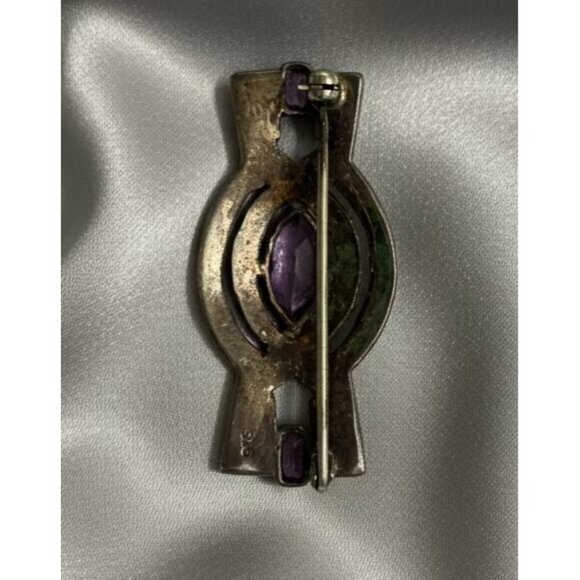 Sterling Silver Vintage Marcasite Brooch with Purple Glass Stones - Picture 2 of 3